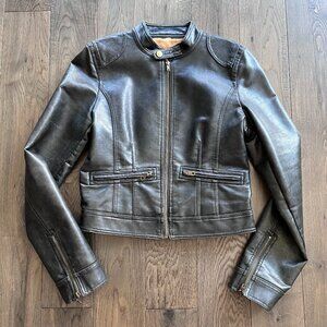 Refuge Faux Leather Moto Biker Jacket Brown Zip Front Classic Street Style